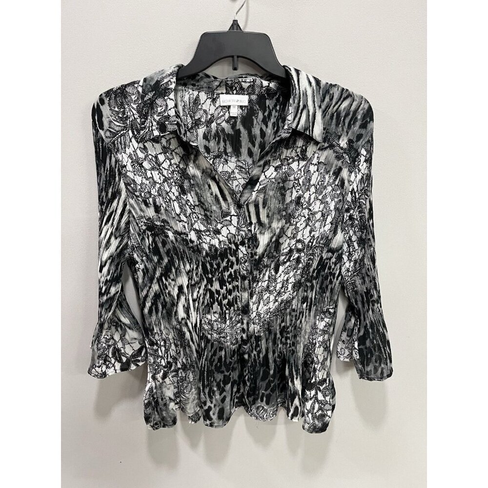 Fashion Bug Women's 3X Blouse Black/White/Gray Accordion Pleated Career Blouse